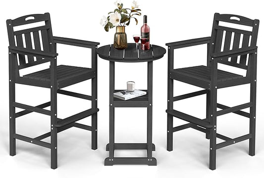 Ciokea Balcony Chairs and Table 3 Pieces Set, Outdoor High Top Bar Set, HDPE Oversized Adirondack Bar Chairs Set of 2 and Round Table for Outside Dining Bistro Poolside Backyard, Black