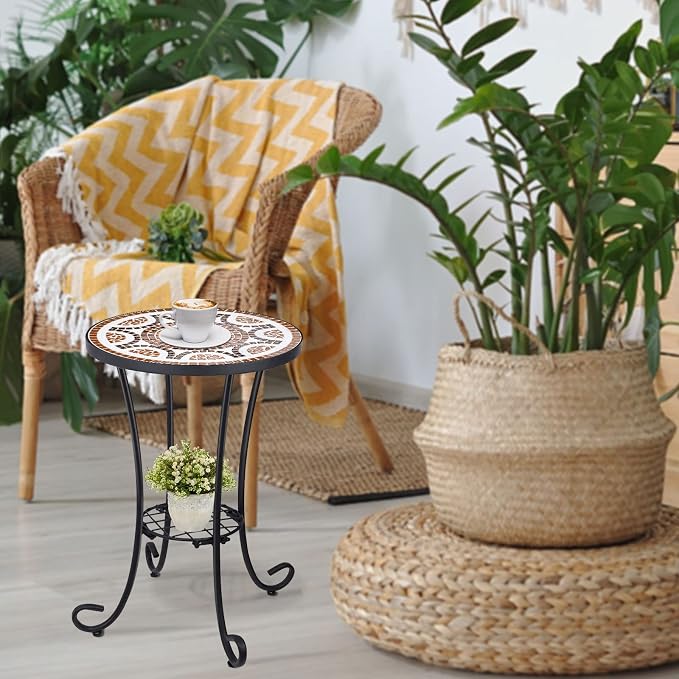 VCUTEKA Outdoor Side Table Mosaic Patio Table Accent Tables Mosaic Tile Top Metal Frame Small End Tables Porch Beach Patio Garden Balcony Russet 14''