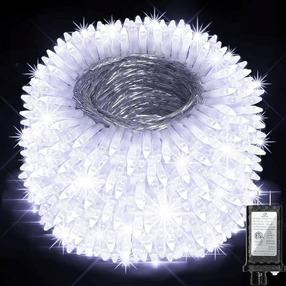 340 LED 90FT Christmas String Lights Outdoor, 12 Pro Modes and Timer Memory & Brightness, Plug in Outdoor Waterproof Clear Wire Twinkle Light for for Xmas Yard Tree Wedding Party Decor (Cool White)