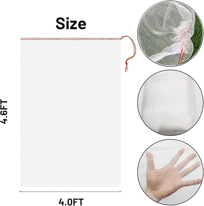 4 Pack Garden Neting Plant Insect Bird Barrier Mesh with Drawstring 4Ft x 4.6Ft Mesh Plant Covers Freeze Protection Tomato Barrier Bag for Garden Flower Blueberry Vegetables Fruits Bird Eating