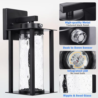 LED Dusk to Dawn Outdoor Light Fixtures - 2 Packs Modern Porch Lighting with Attractive Glass, 13W 3000K LED Exterior Sconce Wall Mount with Photocell Sensor for House Front Garage Door, Waterproof