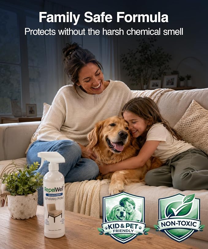 RepelWell Upholstery Protect Stain & Water Repellent Spray (12oz) Eco-Friendly, Pet-Safe Spray Keeps Your Fabric, Leather & Suede Upholstery Looking Like New