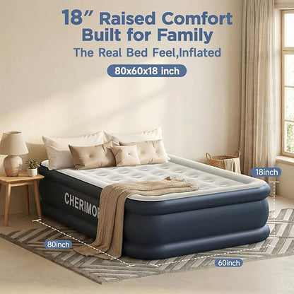 Queen Air Mattress with Built in Pump, 18" Elevated Height, 48Hr Leak-Tested, Honeycomb Coil Support, 800 lbs Capacity, Fast 3-Min Inflation–Blow Up Mattress for Guest Room & Sleepover