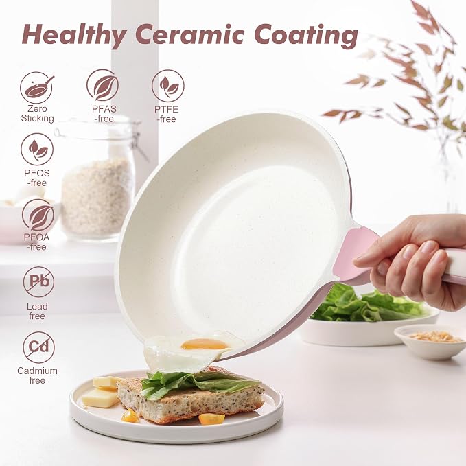 SENSARTE Nonstick Ceramic Frying Pan with Lid 10 Inch Omelet Pan Skillet, Free of Intentionally Added PFAS/PTFE Non-toxic Chef's Pan Induction Compatible Pan, Heat Resistant Handle,Sakura Pink