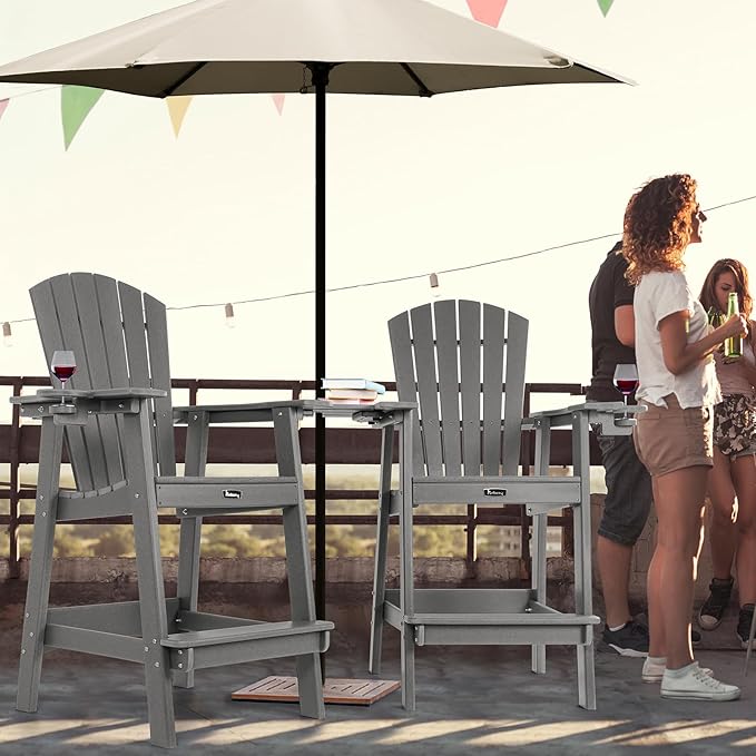 FUNBERRY Tall Adirondack Chairs Set of 2 with Removable Connecting Table, All Weather High Top Balcony Chair with Cup Holders