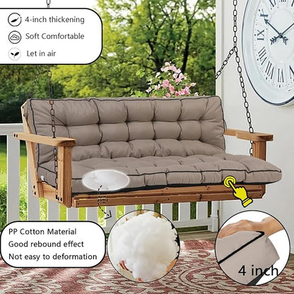 Porch Swing Cushion Three Seat, Waterproof Swing Cushions Replacement with Backrest, Outdoor Garden Furniture Patio 4" Thickened Cushions with Ties (Khaki, 40 x 71in)