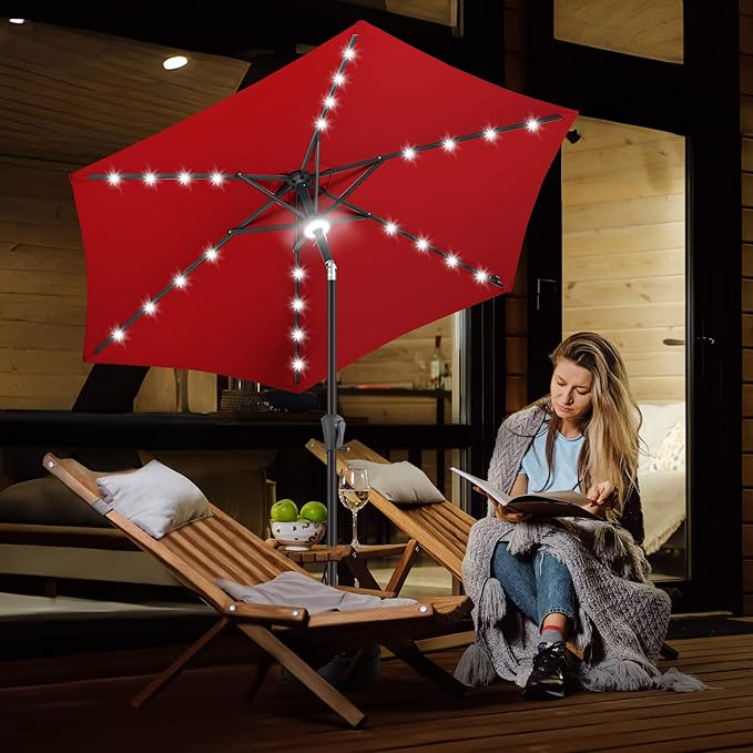 FLAME&SHADE 7.5 ft Solar Powered Outdoor Market Patio Table Umbrella with LED Lights and Tilt, Red