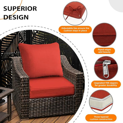 Sundale Outdoor Olefin Deep Seat Cushion Set of 2, Patio Chair Cushion and Pillow, Water-Resistant Sectional Sofa Pad with Straps Red, 23 x 26 x 6 Inches