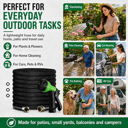 50FT Lightweight Flat Garden Hose for Women & Seniors, Non-Expandable Water Hose with 10-Pattern Spray Nozzle, Easy Storage No-Kink Hose for RV, Patio, Small Backyard, Car Wash & Everyday Watering