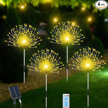 Slyuexu Solar Garden Lights Outdoor Waterproof, 4 Pack Total 480 LED Solar Firework Lights Decorative with 8 Lighting Modes Outside for Yard Pathway Flowerbed Decor, Warm White