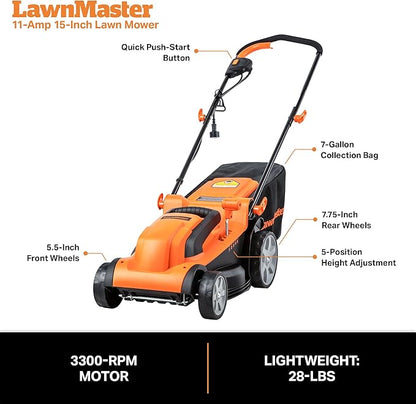 LawnMaster MEB1114K Electric Corded Lawn Mower 15-Inch 11AMP