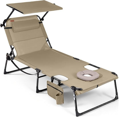 Tanning Chair with Face Hole & Canopy, 28'' Extra Wide, Beige | Folding Chaise Lounge Chair with 4-Position Adjustable Backrest for Beach, Pool, Patio & Camping