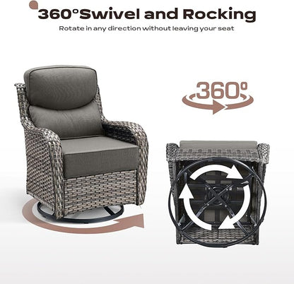 Rilyson Outdoor Wicker Patio Furniture Set - 4 Piece Patio Conversation Set with Swivel Rocker Chairs and Ottomans, 6 inch Cushions, High Back, Deep Seating, for Porch Deck Garden Mixed Grey/Grey