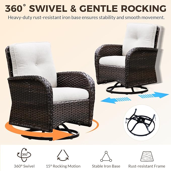 Outdoor Swivel Rocking Bistro Set, 3-Piece PE Patio Furniture Set with Cushions and Glass Table, All-Weather 360° Rotating Wicker Chairs and Table Set for Porch, Deck, Balcony, Backyard