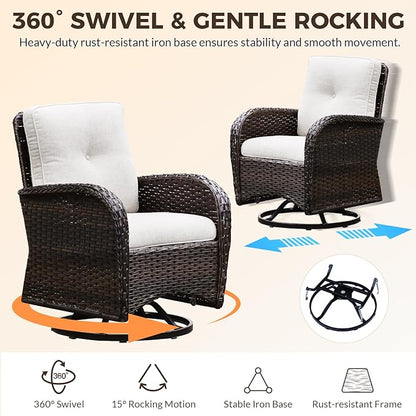 Outdoor Swivel Rocking Bistro Set, 3-Piece PE Patio Furniture Set with Cushions and Glass Table, All-Weather 360° Rotating Wicker Chairs and Table Set for Porch, Deck, Balcony, Backyard