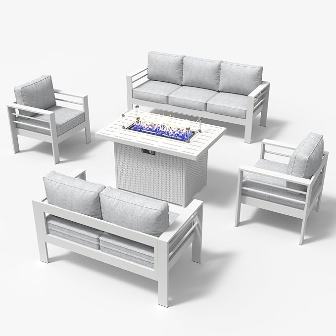 LayinSun Aluminum Furniture Set with Fire Pit Table, 5 Pieces Patio Sectional Conversation Chat Sofa Modern Seating Set