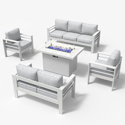 LayinSun Aluminum Furniture Set with Fire Pit Table, 5 Pieces Patio Sectional Conversation Chat Sofa Modern Seating Set