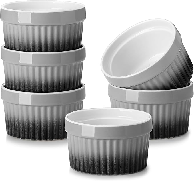 MALACASA Ramekins 8 oz Oven Safe, Large Ceramic Souffle Dishes for Baking & Serving, Stoneware Custard Cups Ramekin for Creme Brulee, Baking Bowls Set of 6, Grey, Series RAMEKIN-DISH