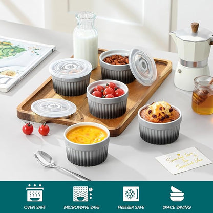 vancasso 6 oz Ramekins with Lid, Porcelain Creme Brulee Souffle Dishes,Set of 6, Grey Pudding Custard Cups Ramiken for Baking, Dishwasher and Oven Safe