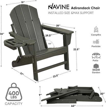 Adirondack Chair, HDPE Folding Adirondack Chair with Multifunctional Cup Holder, Weather Resistant Fire Pit Chair for porches, patios, patios, poolsides, Decks.