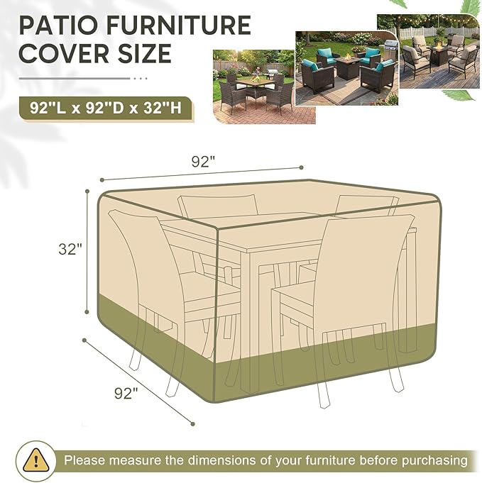COWVIE Square Outdoor Furniture Cover for Sectional Sofa Set, 600D Waterproof Patio Set Cover for Lawn General Purpose Table and Chairs, 92''L x 92''W x 32''H