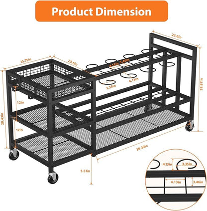 HavenlyYouth Garden Tool Organizer with Wheels-Movable Garden Tool Rack with Storage Hooks for Long-Handled Tools/Rakes/Brooms/Shovels,Heavy Duty Metal Garden Tool Storage for Garage,Shed,Garden,Black
