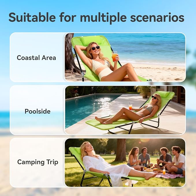 Outdoor Chaise Lounge with Detachable Pillow, Reclining Folding Chair with 5-Position Adjustable Back, Portable Tanning Chair For Beach, Pool, Lawn, Breathable Mesh Seat, No Assembly (Green 2)