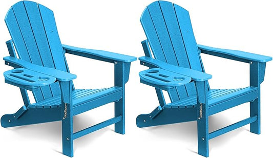 Adirondack Chair Set of 2, HDPE Folding Adirondack Chair with Multifunctional Cup Holder, Weather Resistant Fire Pit Chair for porches, patios, patios, poolsides, Decks.