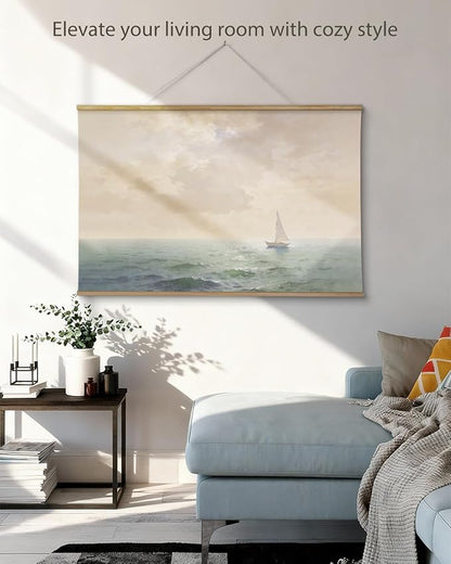 ARPEOTCY Extra Large Vintage Framed Wall Art, 36x54 Inch Ocean Coastal Sailboat Seascape Hanging Canvas Prints Scroll Wall Art Decor for Living Room Bedroom, Retro Scenery Pictures Above of Bed