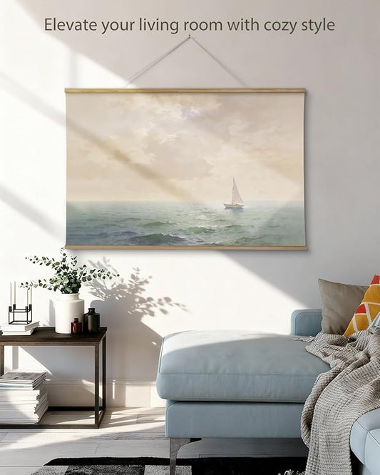 ARPEOTCY Extra Large Vintage Framed Wall Art, 36x54 Inch Ocean Coastal Sailboat Seascape Hanging Canvas Prints Scroll Wall Art Decor for Living Room Bedroom, Retro Scenery Pictures Above of Bed