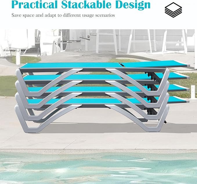 Domi Outdoor Lounge Chair, Aluminum Patio Chaise Lounge with 5 Position Adjustable Backrest and Wheels, All Weather Reclining Chair with Side Table for Patio, Yard,Balcony,Poolside (Lake Blue)
