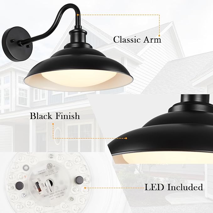 LED Outdoor Barn Lights, 12 Inch Farmhouse Exterior Wall Light Fixtures with Adjustable Color Temperature, Black Porch Lights Outside for House, Outdoor & Indoor, Black White