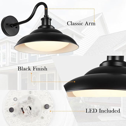 LED Outdoor Barn Lights, 12 Inch Farmhouse Exterior Wall Light Fixtures with Adjustable Color Temperature, Black Porch Lights Outside for House, Outdoor & Indoor, Black White