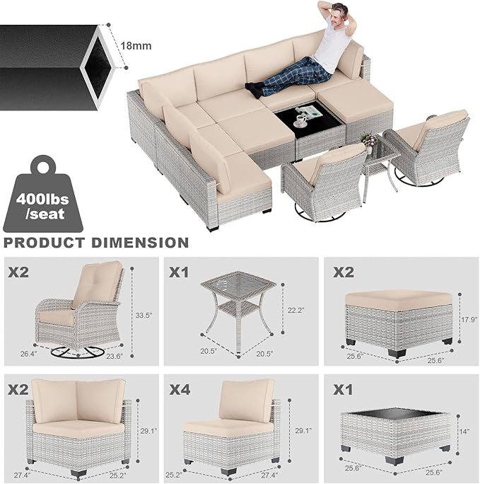 12-Piece Patio Furniture Set, Outdoor Patio Furniture with Swivel Chairs Set, Ottomans, Modular Patio Sofa, Dual-Strand Wicker Rattan, Rust-Resistant Frame, Khaki