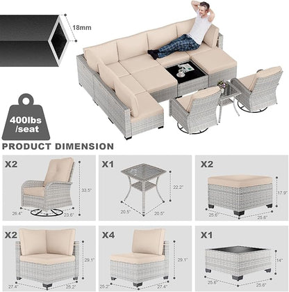 12-Piece Patio Furniture Set, Outdoor Patio Furniture with Swivel Chairs Set, Ottomans, Modular Patio Sofa, Dual-Strand Wicker Rattan, Rust-Resistant Frame, Khaki