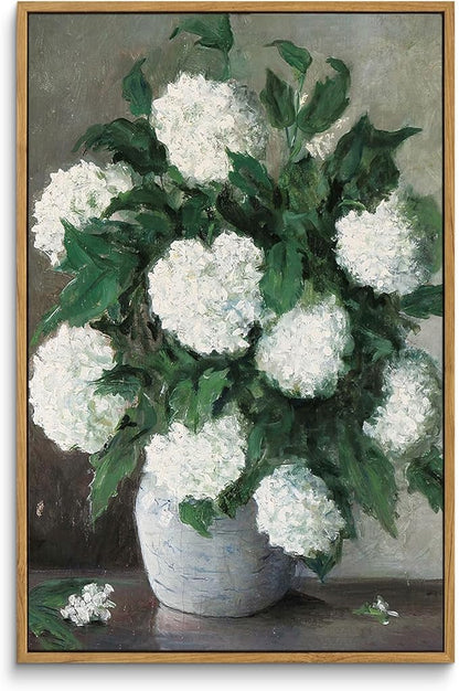InSimSea Framed Canvas Prints Art Vintage Decor, Flower Wall Art Home Decor, White Hydrangea Paintings Large Prints, Botanical Floral Wall Decoration for Living Room Bathroom Office, 16"x24"