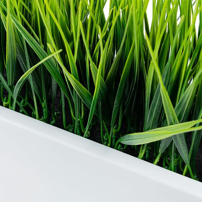 MyGift 14 Inch Artificial Green Grass Plant in Modern White Concrete Planter Window Box, Tabletop Faux Greenery in Decorative Rectangular Cement Container