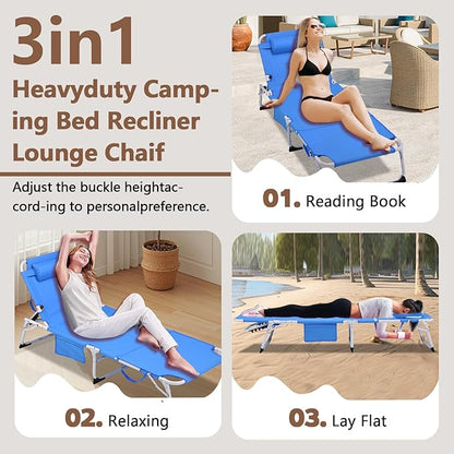 3-in-1 Heavy Duty Tanning Chair with Face Hole Adjustable 5-Position Folding Chaise Lounge Chairs Portable Lay Flat Beach Lounge Chair for Outdoor Sunbathing Patio Pool Lawn Camping Deck (Blue)