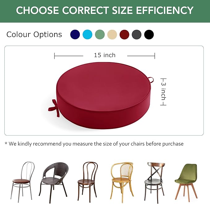Summsun Outdoor Bistro Chair Cushions Set of 4, 15" D x 3" H Round Chair Cushions Waterproof and Fade Resistant Chair Cushion Pads with Non-Slip Ties and Removable Covers for Garden, Burgundy