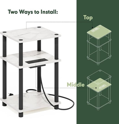 Furinno JUST Side Table Set of 2, 3-Tier Modern End Table with Charging Station, Open Shelf Night Stand, Bedside Table with USB and Type-C Port, for Living Room, Bedroom, Marble White