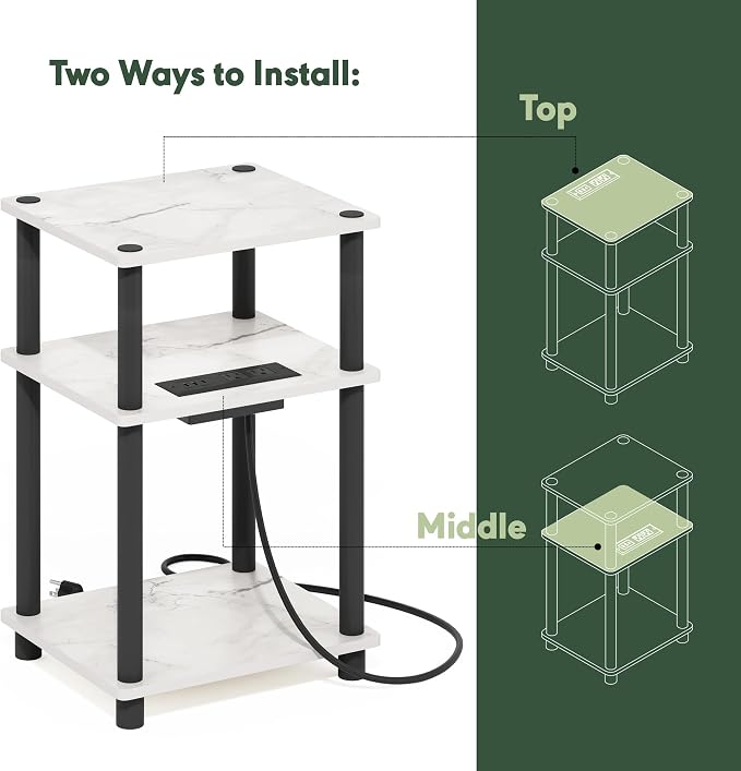 Furinno Just 3-Tier Turn-N-Tube USB and Type-C Charging Port End Table with Open Storage, 11.42 (W) x 8.82 (H) x 6.77 (D) inches, Marble White/Black
