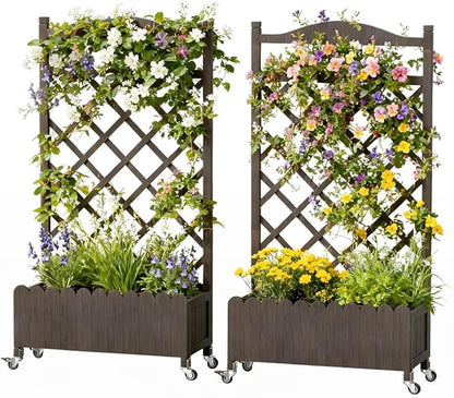 COMHOMA 2 Pack Raised Garden Bed with Trellis and Wheels,48Inch Elevated Planter Box with Drainage Holes,Lattice Privacy Screen for Climbing Plants Vegetables,Outdoor for Patio Balcony Yard,Brown