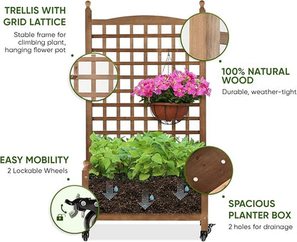 Idzo Raised Garden Bed with Trellis, Durable Oil Coated Planter with Trellis, 50 Inches Height Vertical Gardens Outdoors with Lockable Wheels and Convenient Non Woven Lining
