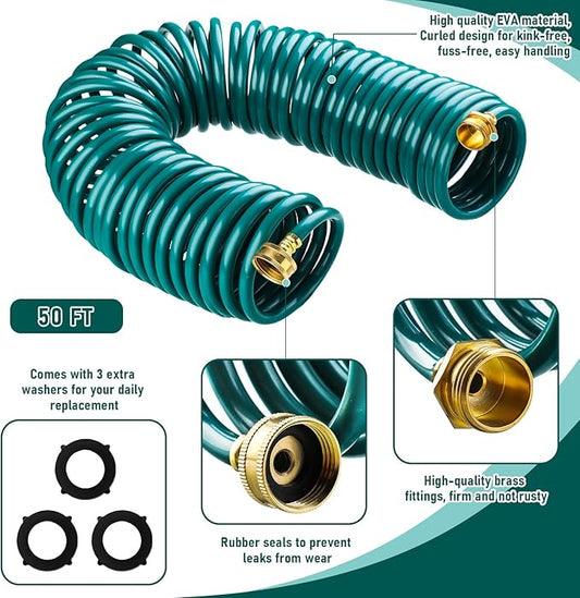 Pangda 50 Ft x 3/8'' Coil Garden Hose EVA Recoil Garden Self Coiling Expanding Water Hose with 6 Function Spray Nozzle Universal 3/4'' Brass Connector Fitting for Outdoor Yard(Green)