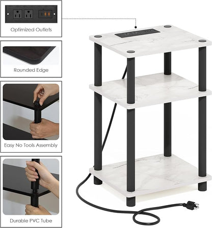 Furinno Just 3-Tier Turn-N-Tube USB and Type-C Charging Port End Table with Open Storage, 11.42 (W) x 8.82 (H) x 6.77 (D) inches, Marble White/Black