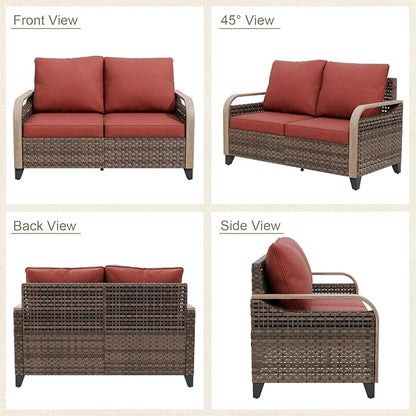 Modern Wicker Patio Furniture Set, Rattan Outdoor Conversation Set with Comfortable Cushions, 2 Seat Loveseat and 2 Ottomans, 3 Pieces, Brown/Red
