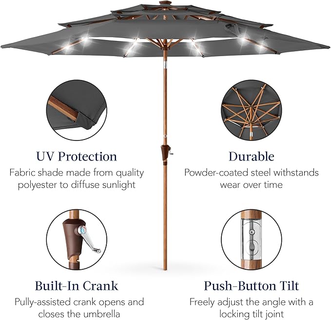 Best Choice Products 10ft 3-Tier Solar Patio Market Umbrella, Outdoor Sun Shade for Backyard, Deck, Poolside, Table w/Woodgrain Pattern, LED Lights, Tilt Adjustment - Gray
