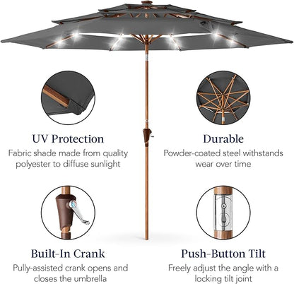 Best Choice Products 10ft 3-Tier Solar Patio Market Umbrella, Outdoor Sun Shade for Backyard, Deck, Poolside, Table w/Woodgrain Pattern, LED Lights, Tilt Adjustment - Gray