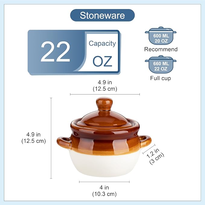 LOVECASA 22 OZ French Onion Soup Bowls with Lid, Porcelain Soup Crocks with Handles,Oven Safe Serving Bowls for Soup, Beef Stew, Cereal, Pot Pies, lasagna,Chilli,Set of 4