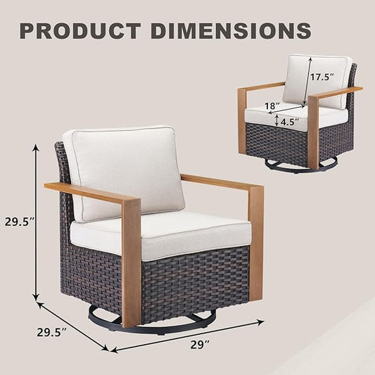 Rilyson Outdoor Patio Swivel Rocker Chairs - Wicker Rattan Patio Swivel Rocking Chairs Set of 2 with Metal Wide Armrest, Thick Cushions and Deep Seating for Deck Porch Sunroom Garden(Brown/Beige)